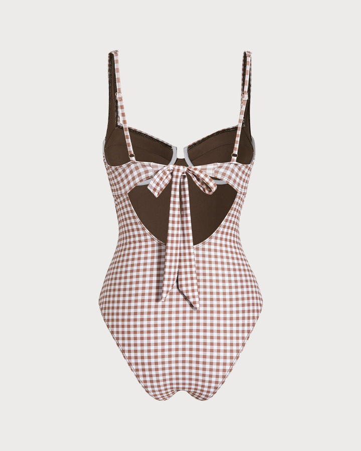 Coffee Plaid Underwire One Piece Swimwear