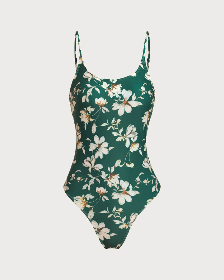 Green Floral Backless One Piece Swimwear
