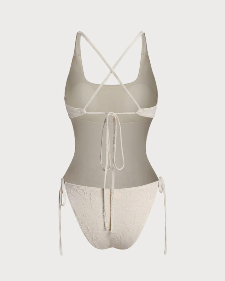 Off White Textured Bralette One Piece Swimwear