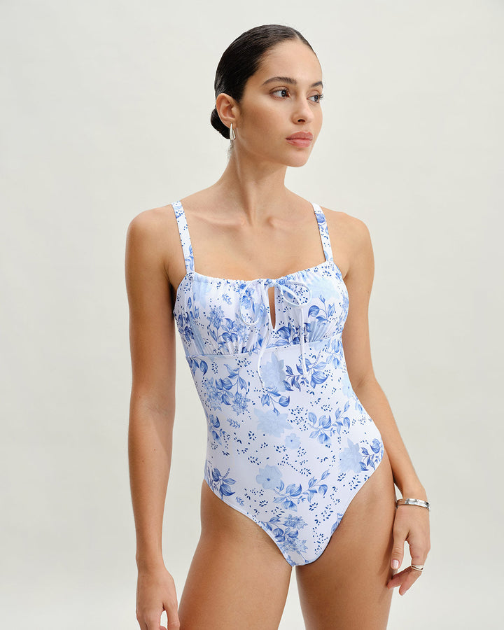 White Floral Ruched One Piece Swimwear