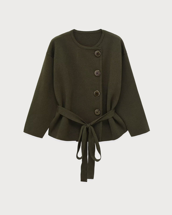 Green Round Neck Belted Cardigan