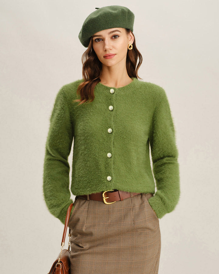Green Round Neck Knit Cardigan