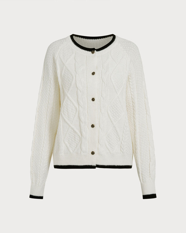 White Contrasting Single Breasted Knit Cardigan