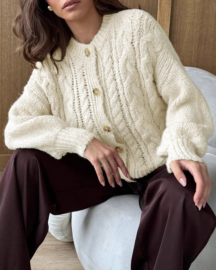 White Round Neck Textured Knit Cardigan