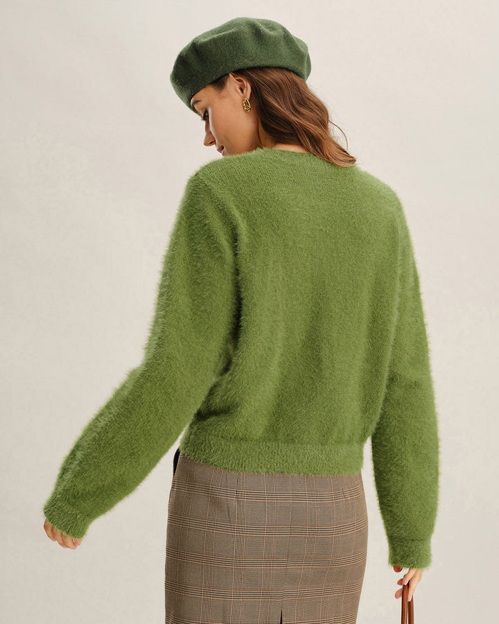 Green Round Neck Knit Cardigan