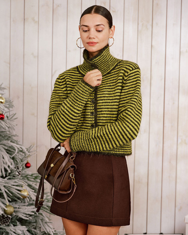 Green Striped Turtle Knit Cardigan