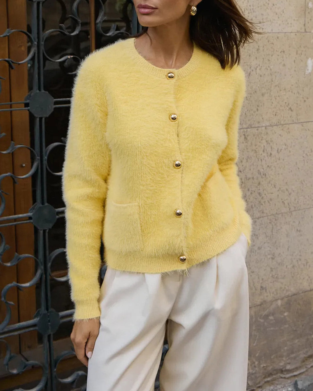 Yellow Round Neck Knit Cardigan