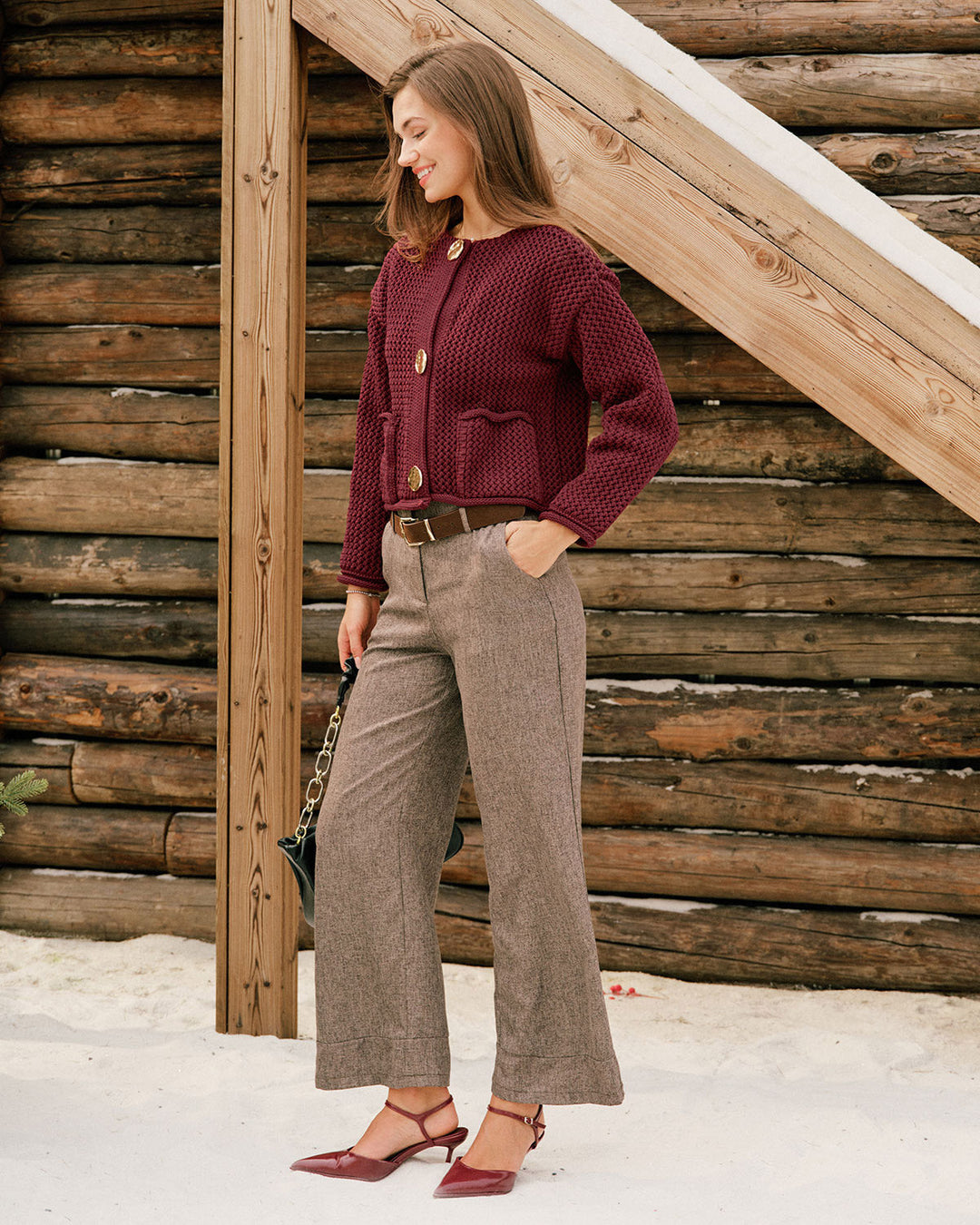 Wine Red Single Breasted Knit Cardigan