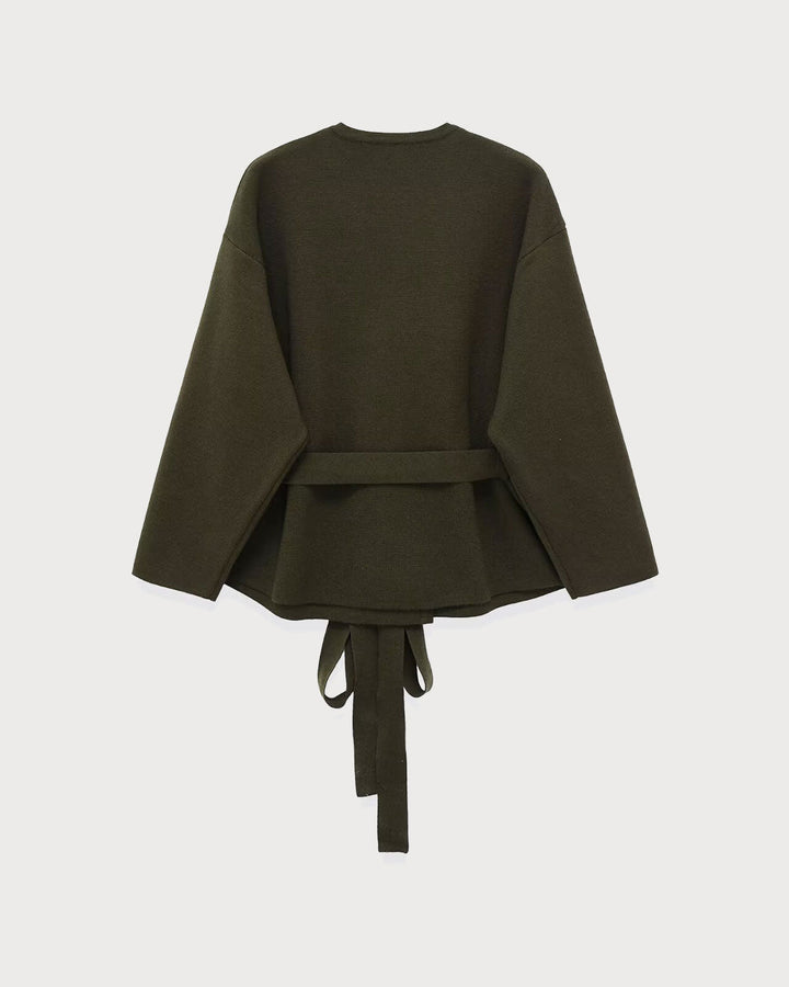 Green Round Neck Belted Cardigan