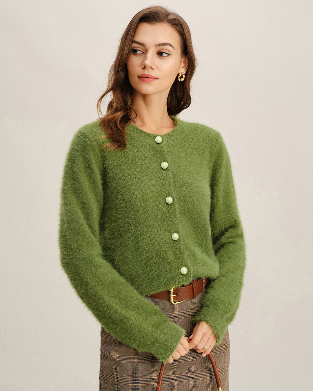 Green Round Neck Knit Cardigan