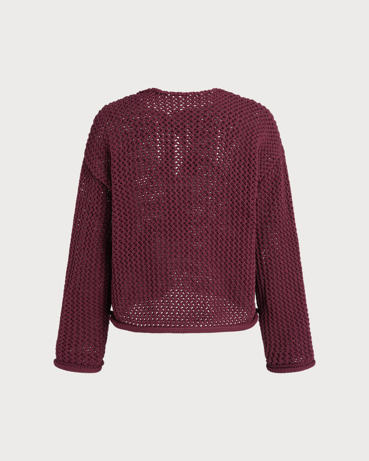 Wine Red Single Breasted Knit Cardigan