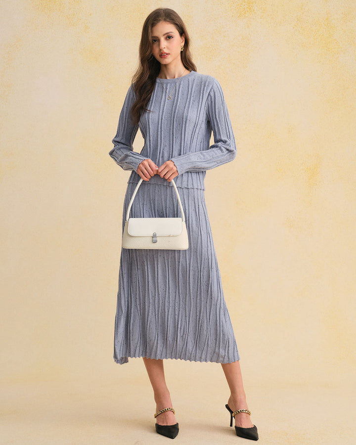 Blue Textured Round Neck Sweater