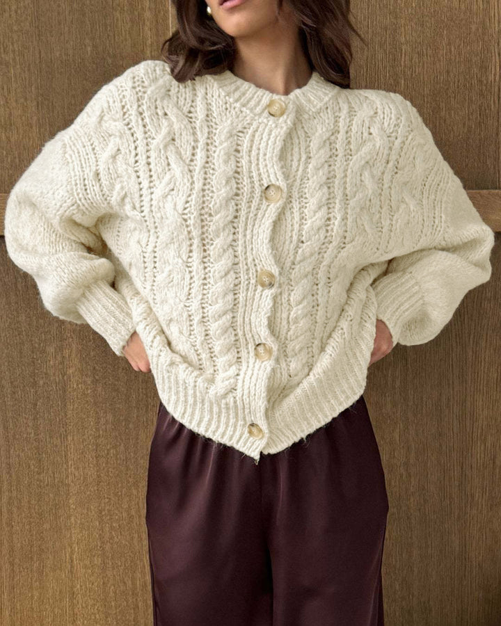 White Round Neck Textured Knit Cardigan