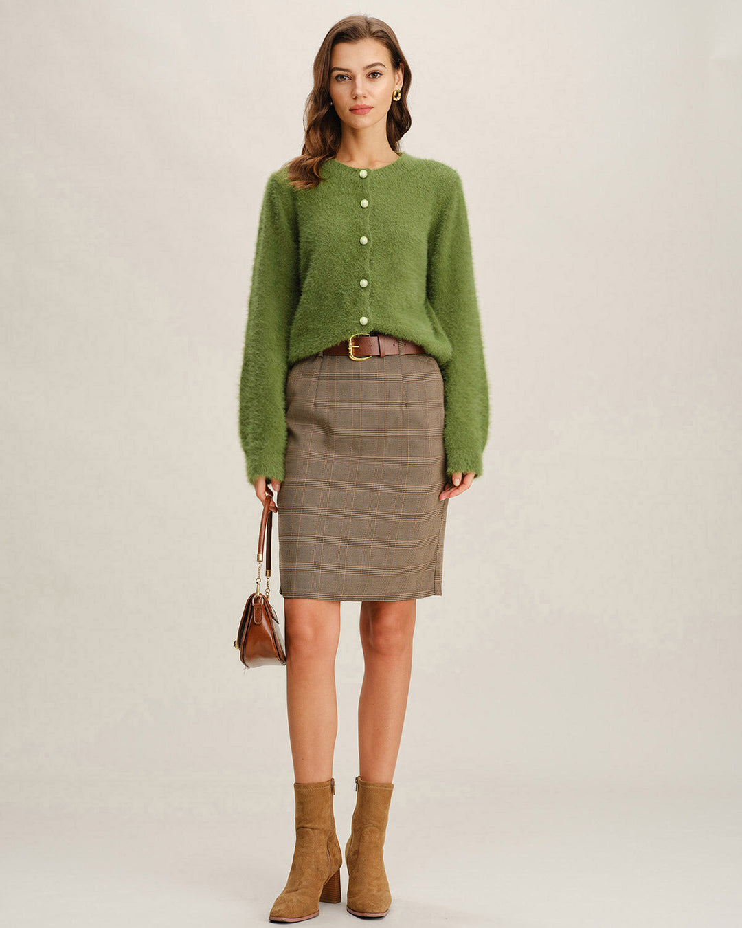 Green Round Neck Knit Cardigan