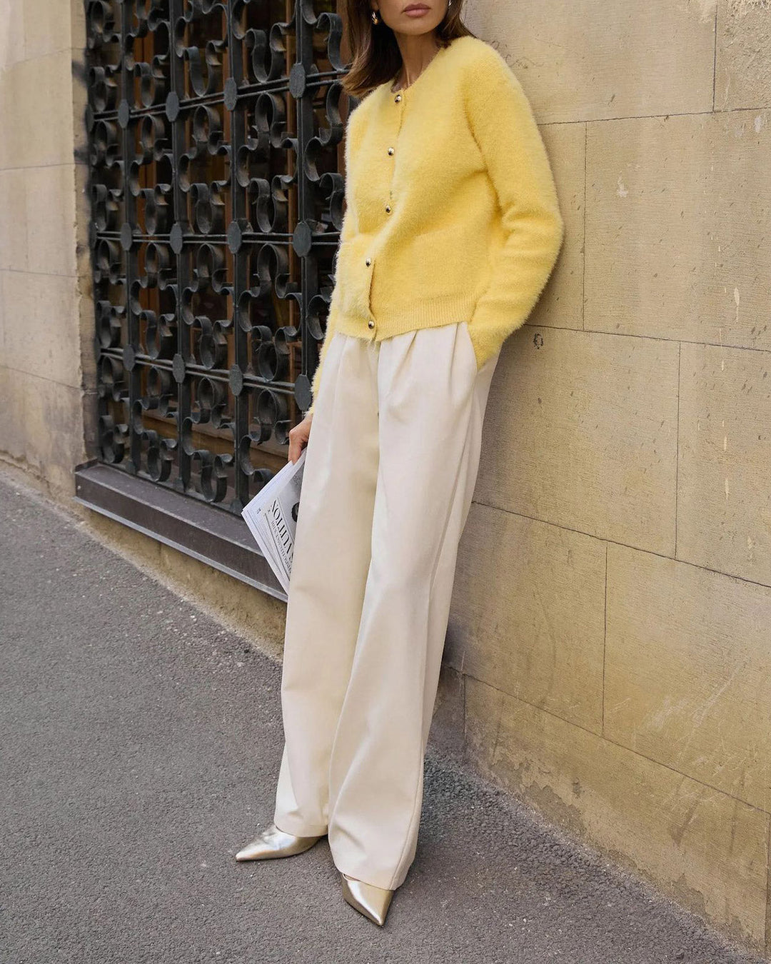 Yellow Round Neck Knit Cardigan