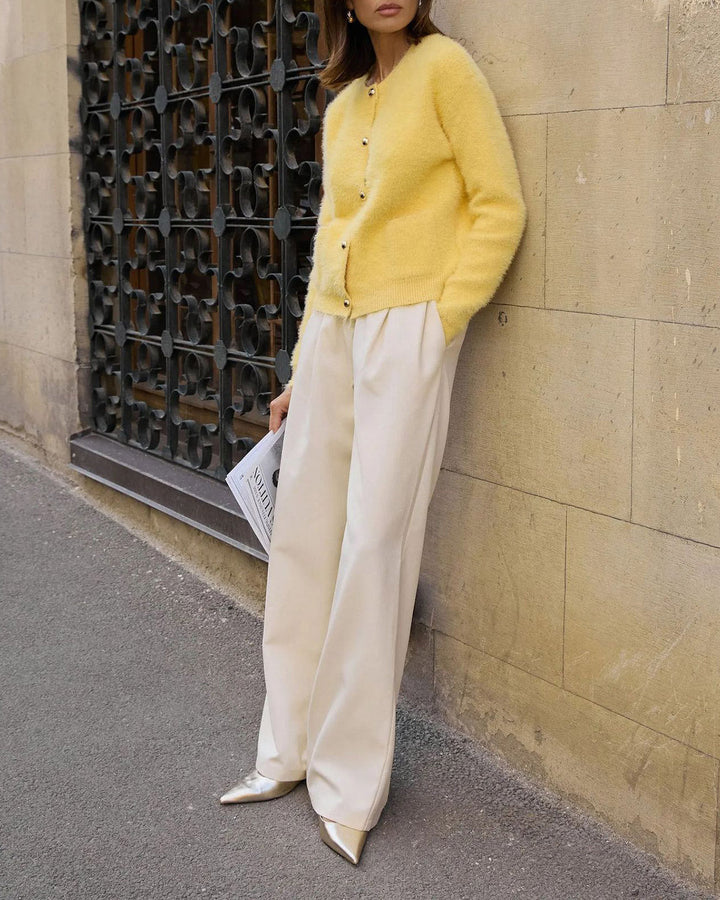 Yellow Round Neck Knit Cardigan