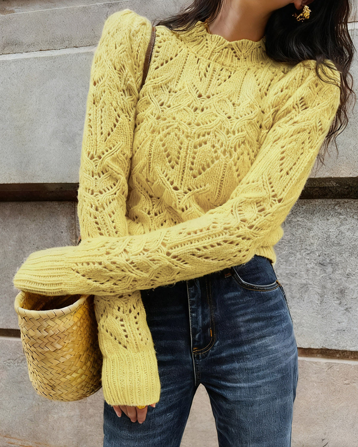 Yellow Round Neck Cut Out Sweater