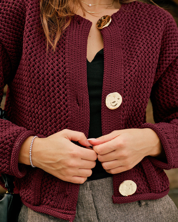 Wine Red Single Breasted Knit Cardigan
