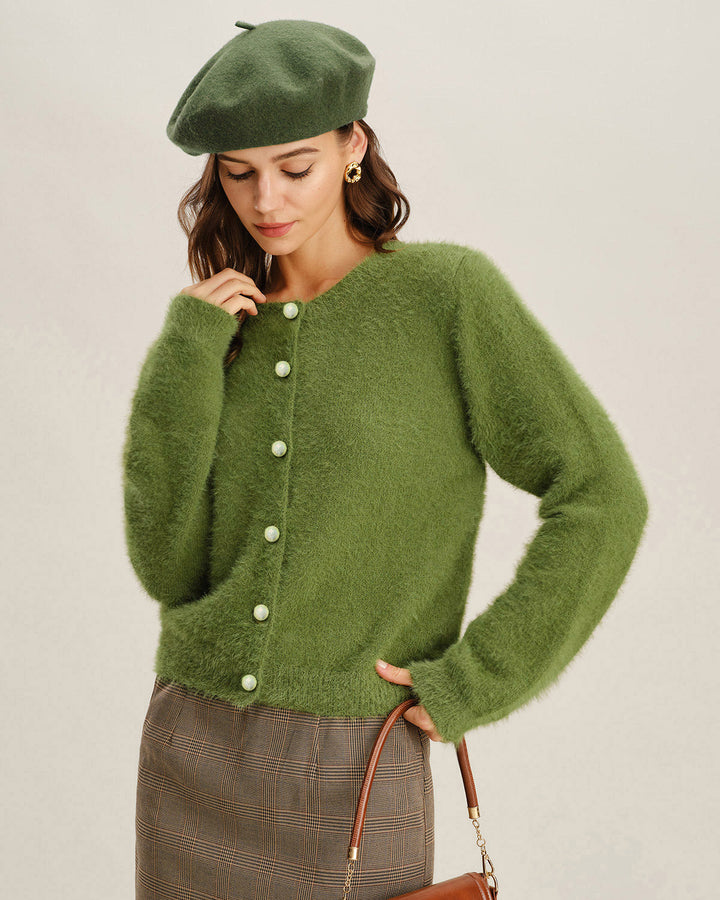 Green Round Neck Knit Cardigan
