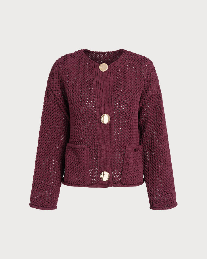 Wine Red Single Breasted Knit Cardigan