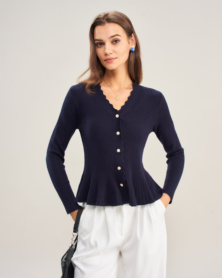 Navy V Neck Ruffle Knit Cardigan