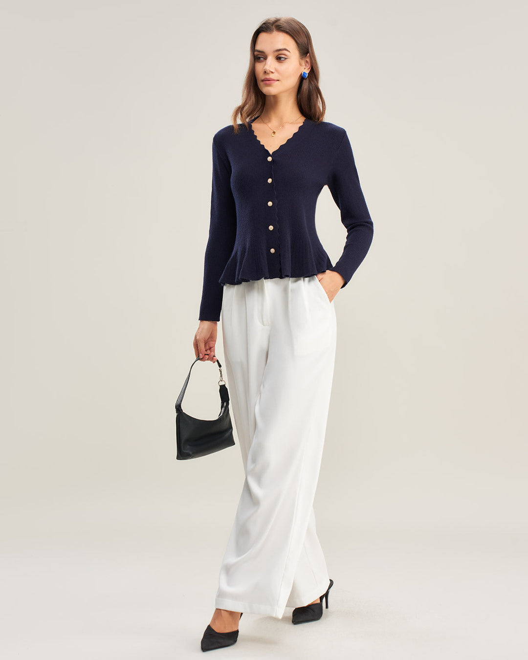 Navy V Neck Ruffle Knit Cardigan