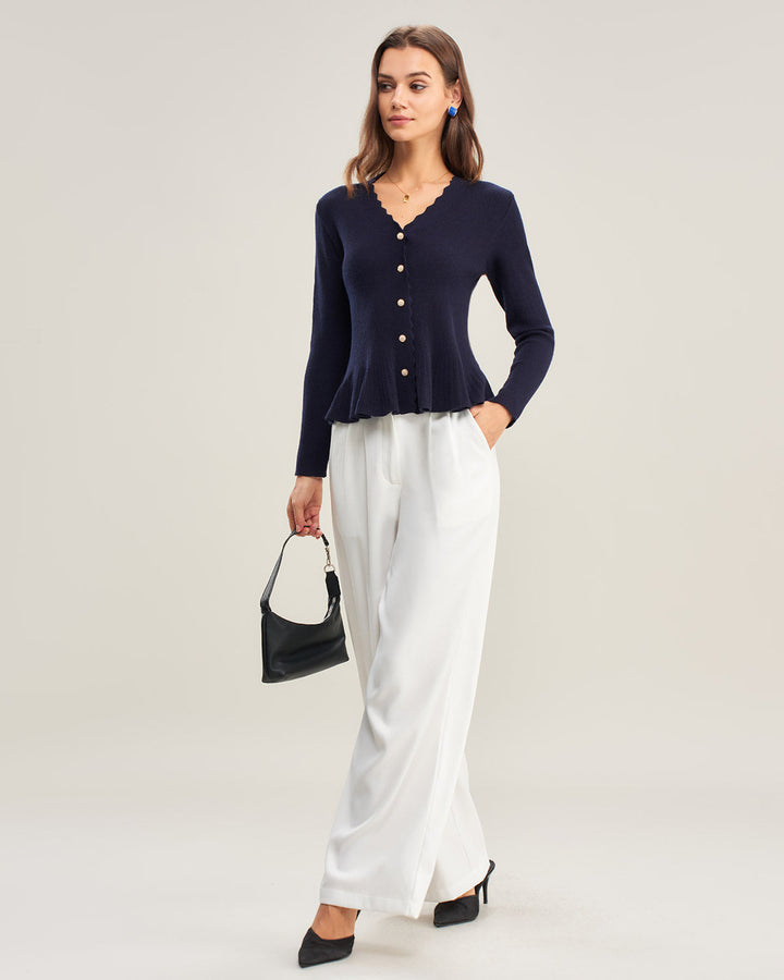 Navy V Neck Ruffle Knit Cardigan