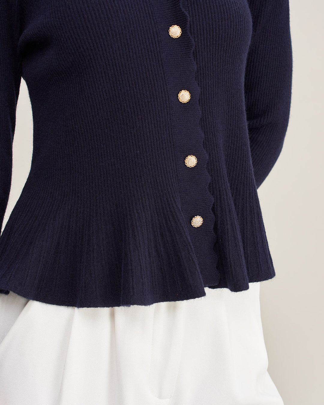 Navy V Neck Ruffle Knit Cardigan