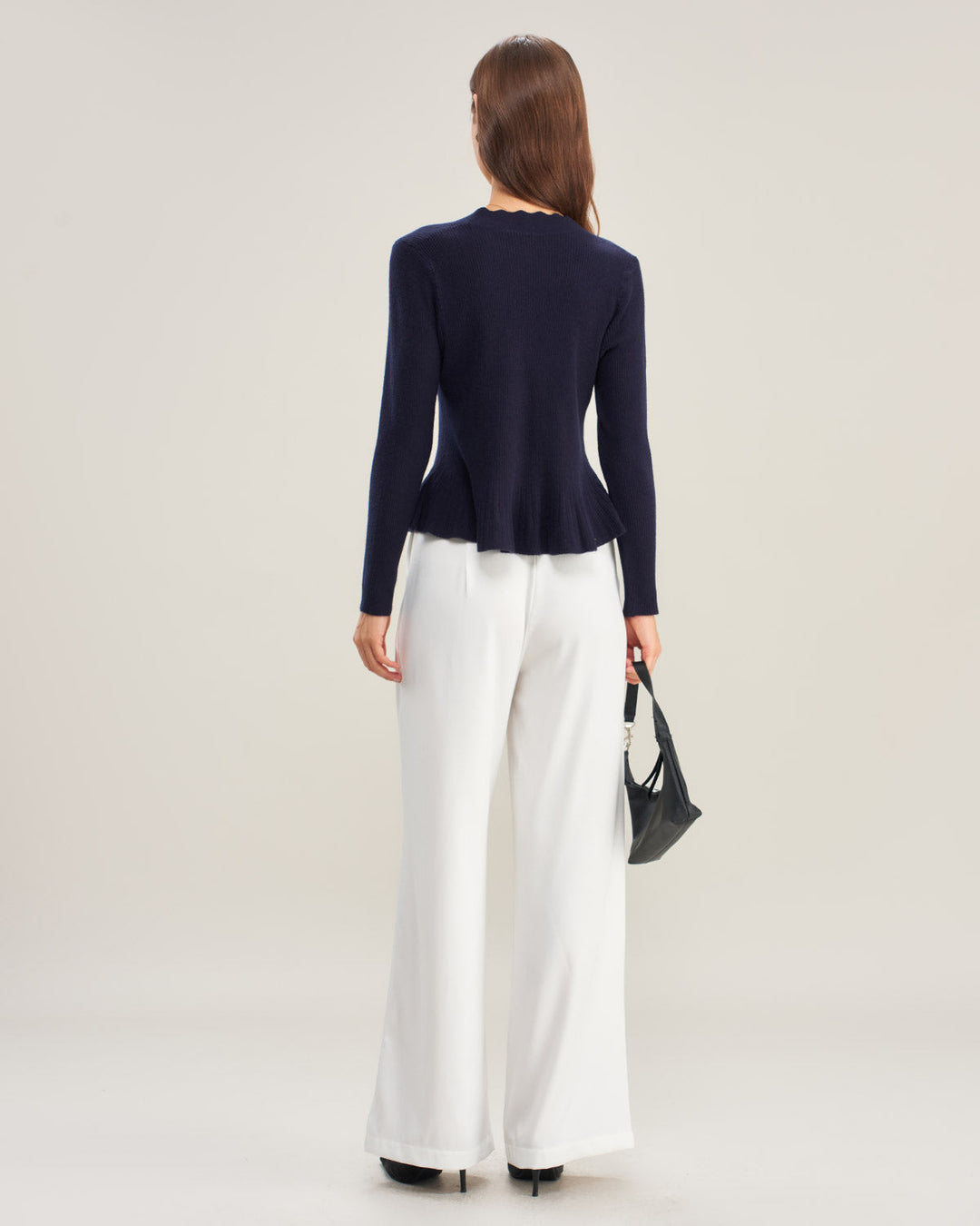 Navy V Neck Ruffle Knit Cardigan