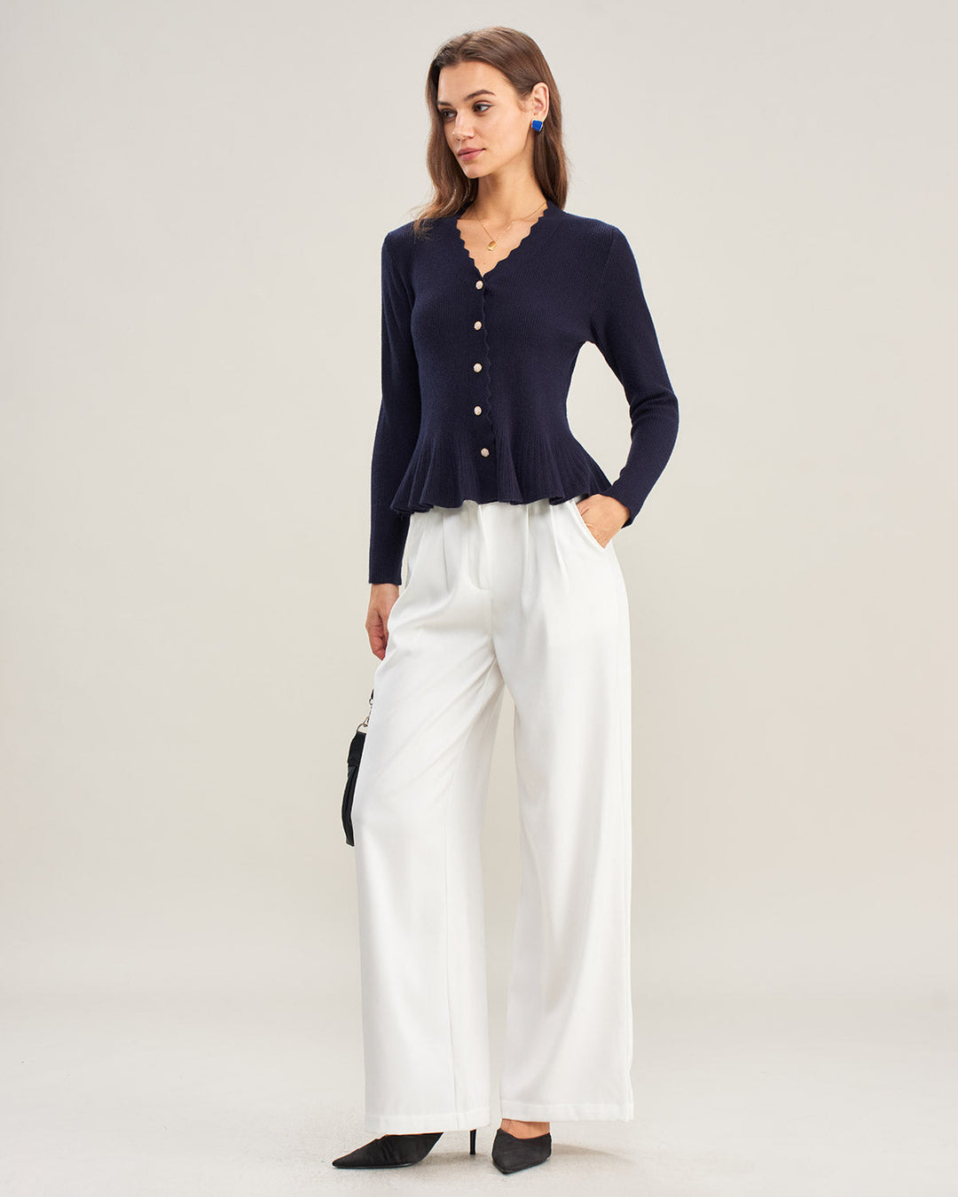 Navy V Neck Ruffle Knit Cardigan