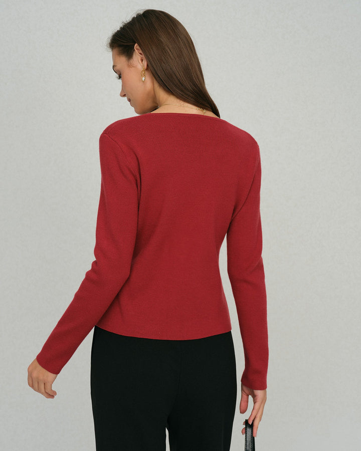 Red Single Breasted Square Neck Cardigan