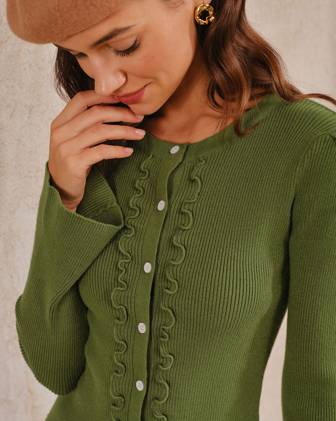 Green Bell Sleeve Button Knit Cardigan