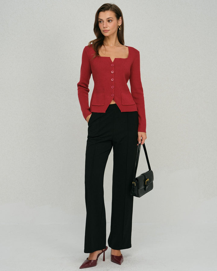 Red Single Breasted Square Neck Cardigan