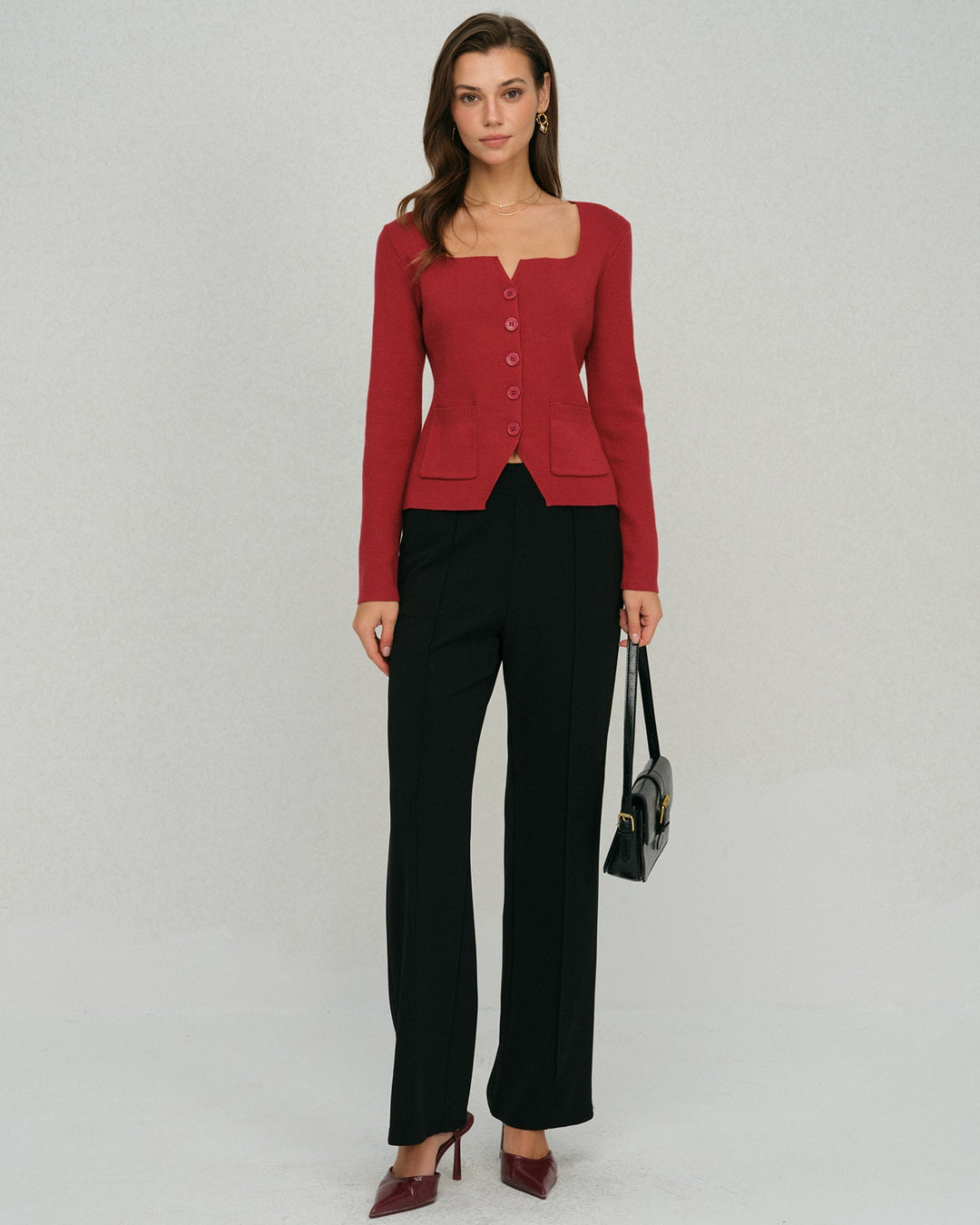 Red Single Breasted Square Neck Cardigan