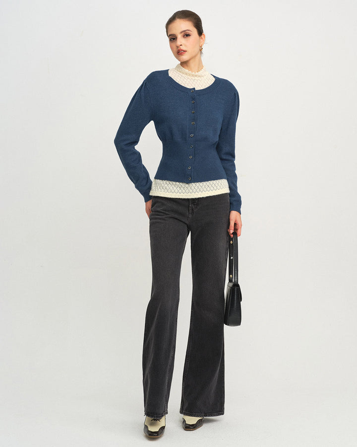 Blue Round Neck Slim Knit Cardigan