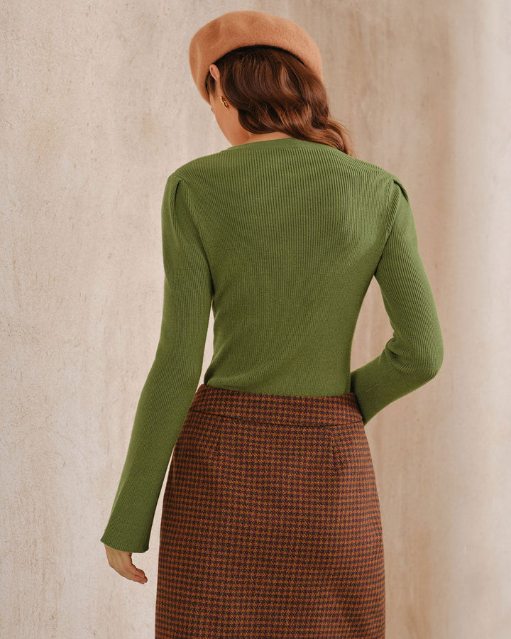 Green Bell Sleeve Button Knit Cardigan