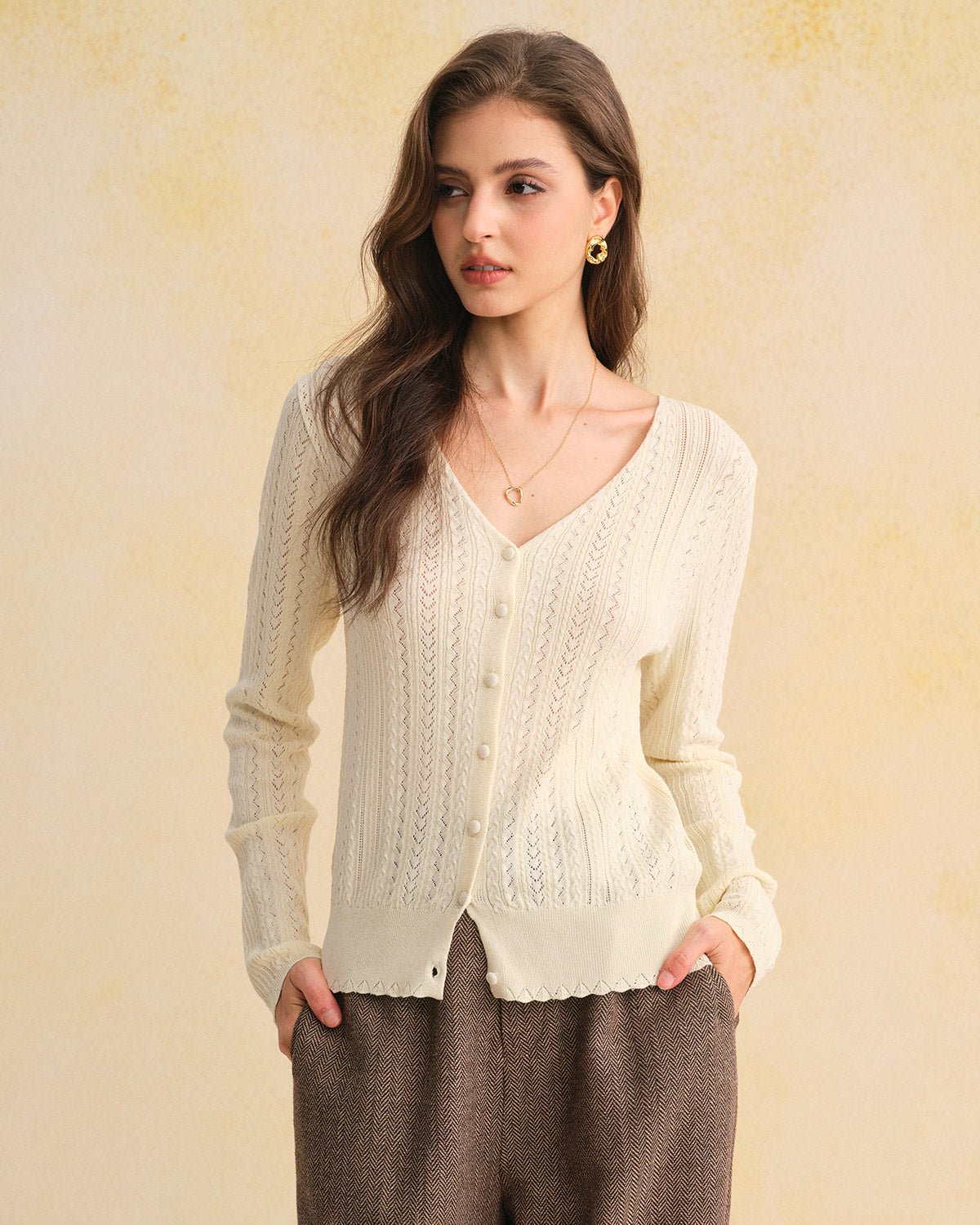 Beige V Neck Slim Knit Cardigan