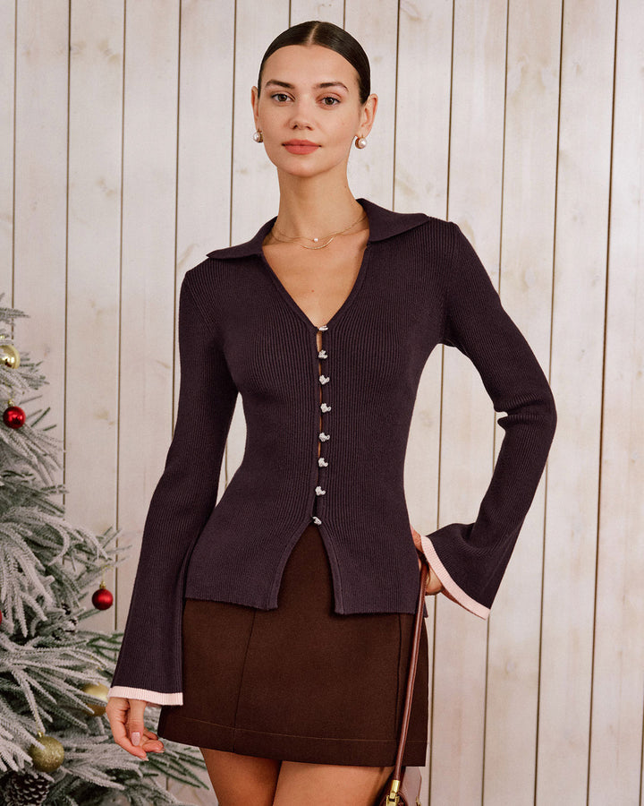 Purple Contrasting Bell Sleeve Knit Cardigan