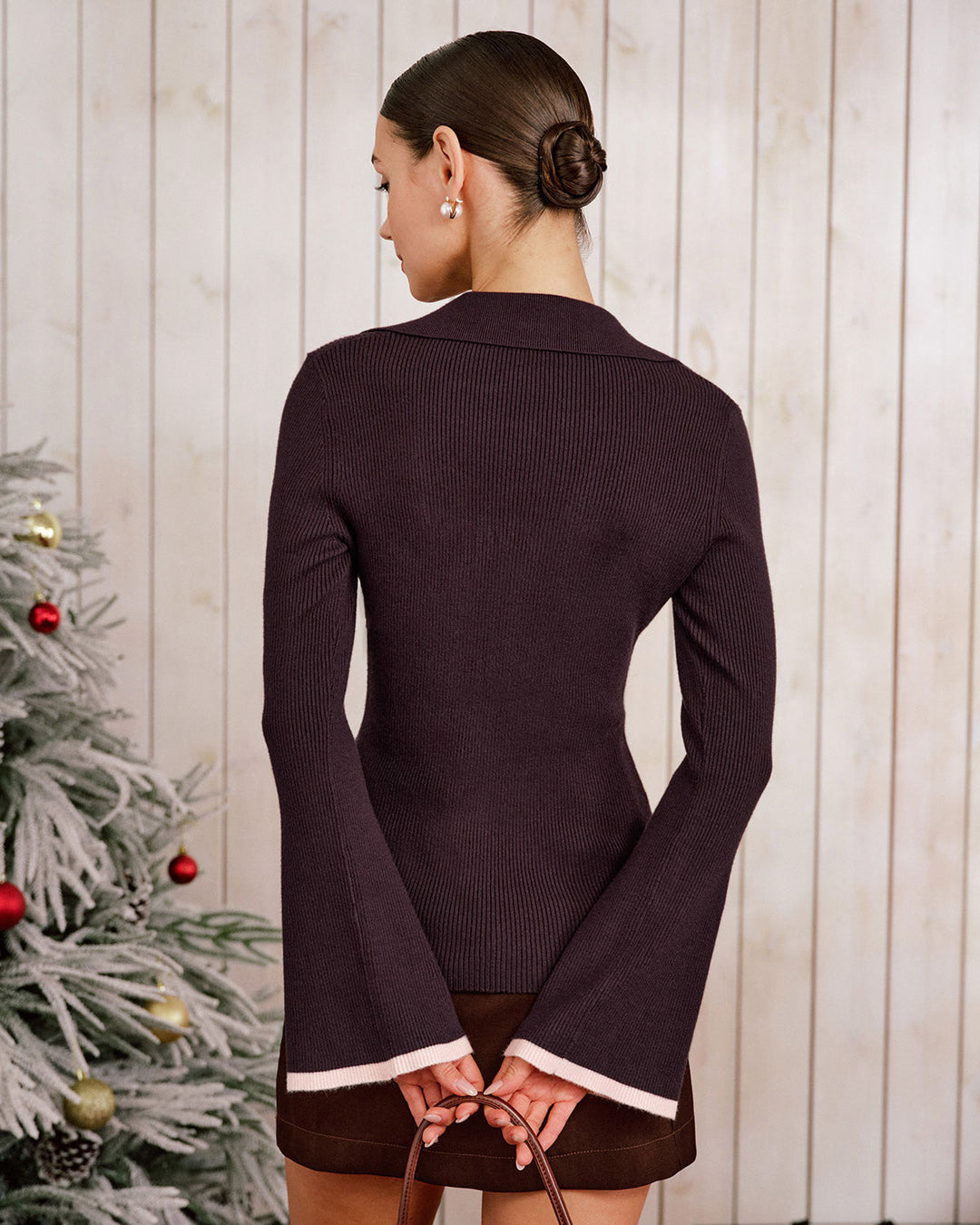 Purple Contrasting Bell Sleeve Knit Cardigan