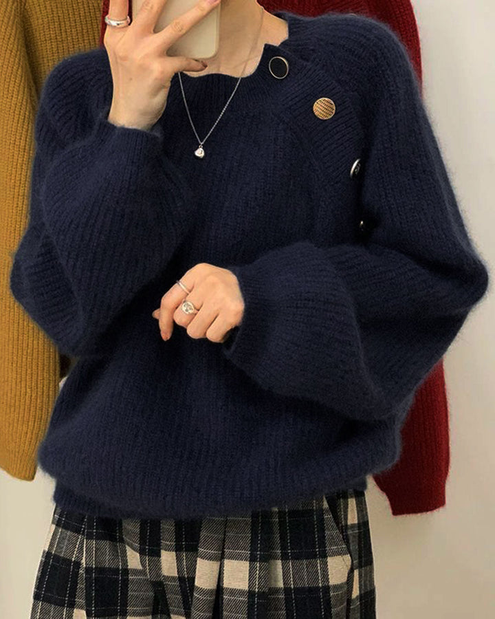 Blue Round Neck Loose Sweater