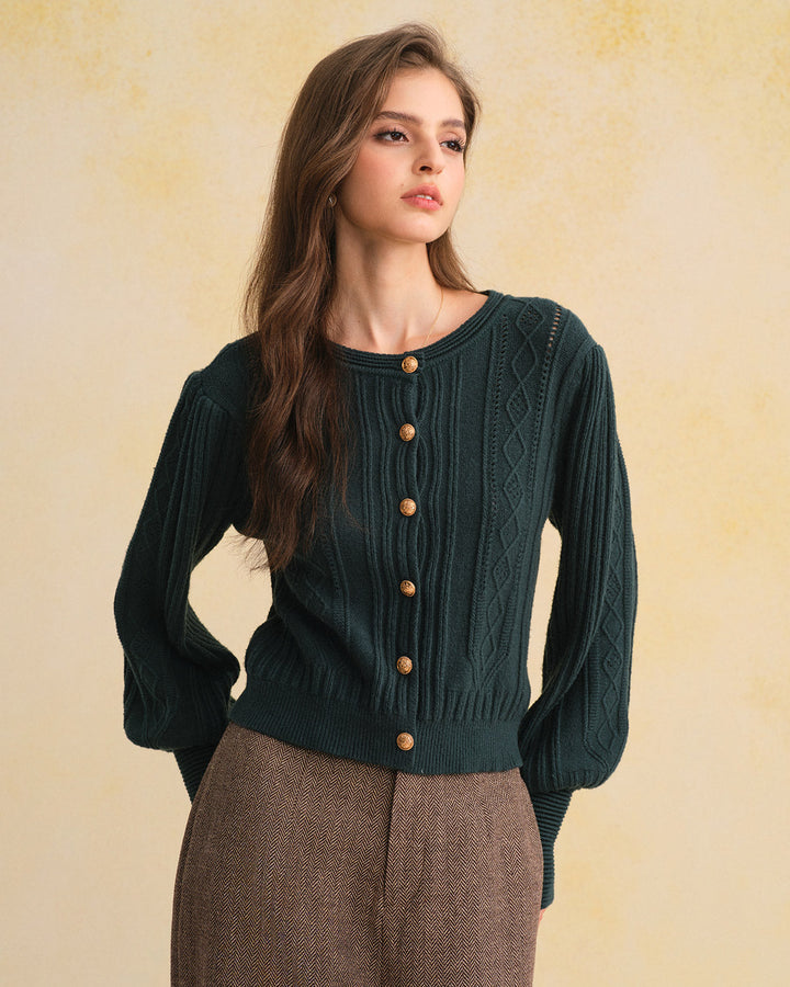 Green Retro Lantern Sleeve Knit Cardigan