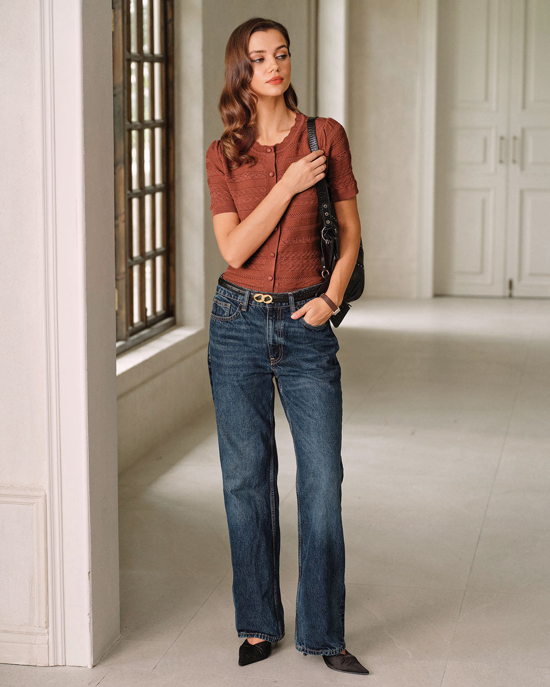 Red Puffed Sleeve Knit Cardigan