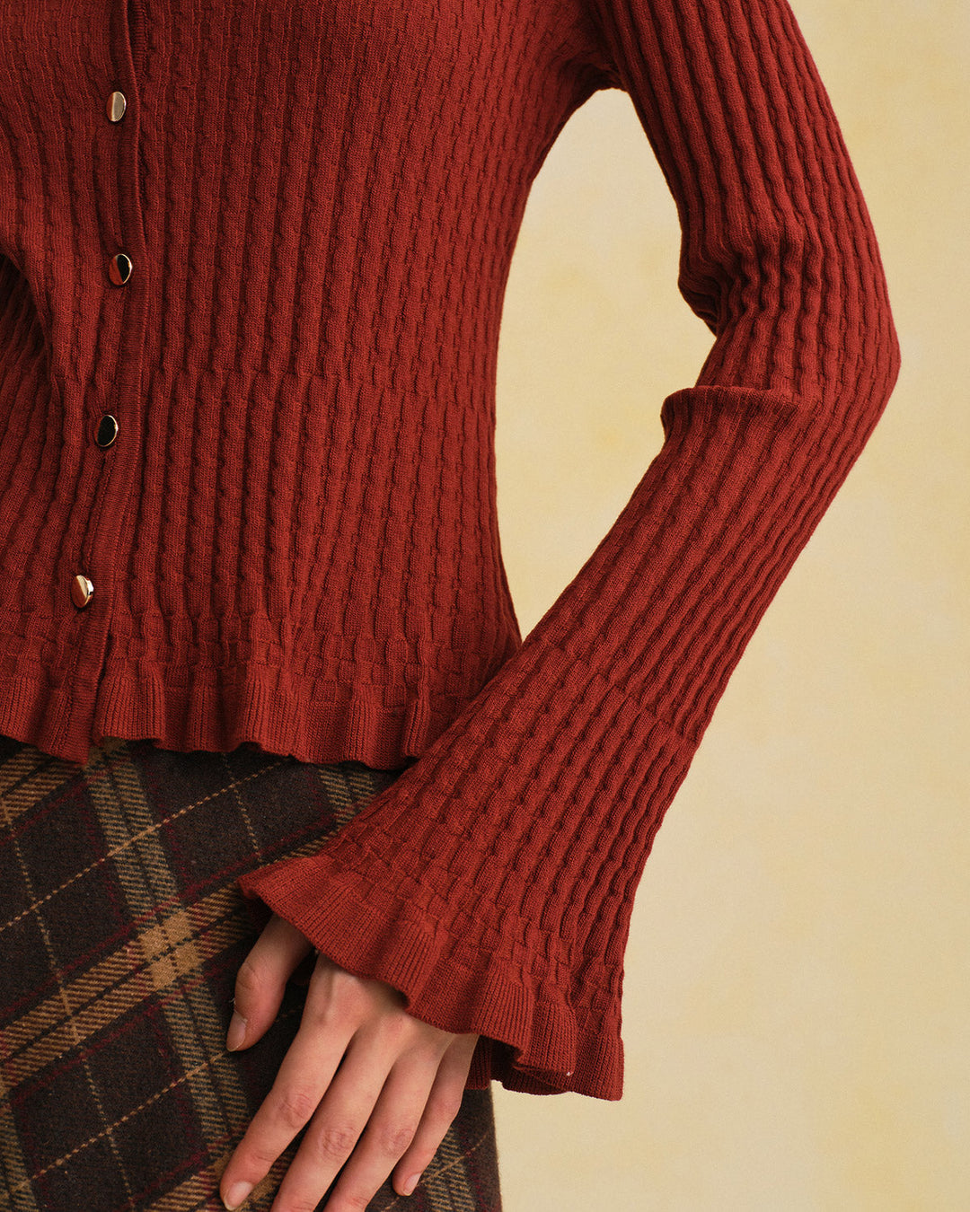 Brown V Neck Bell Sleeve Knit Cardigan