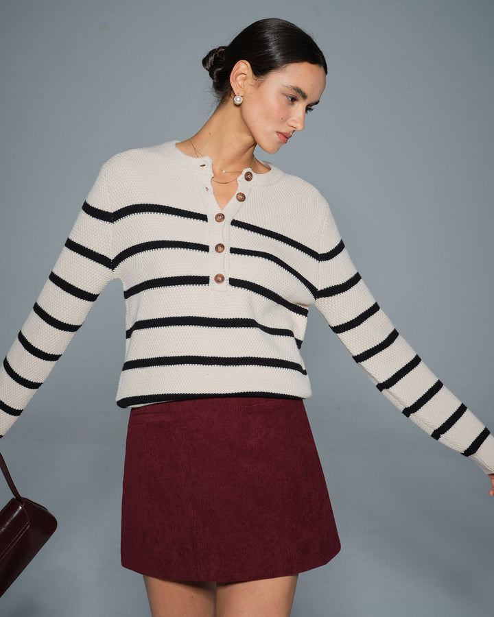 Apricot Striped Round Neck Cardigan