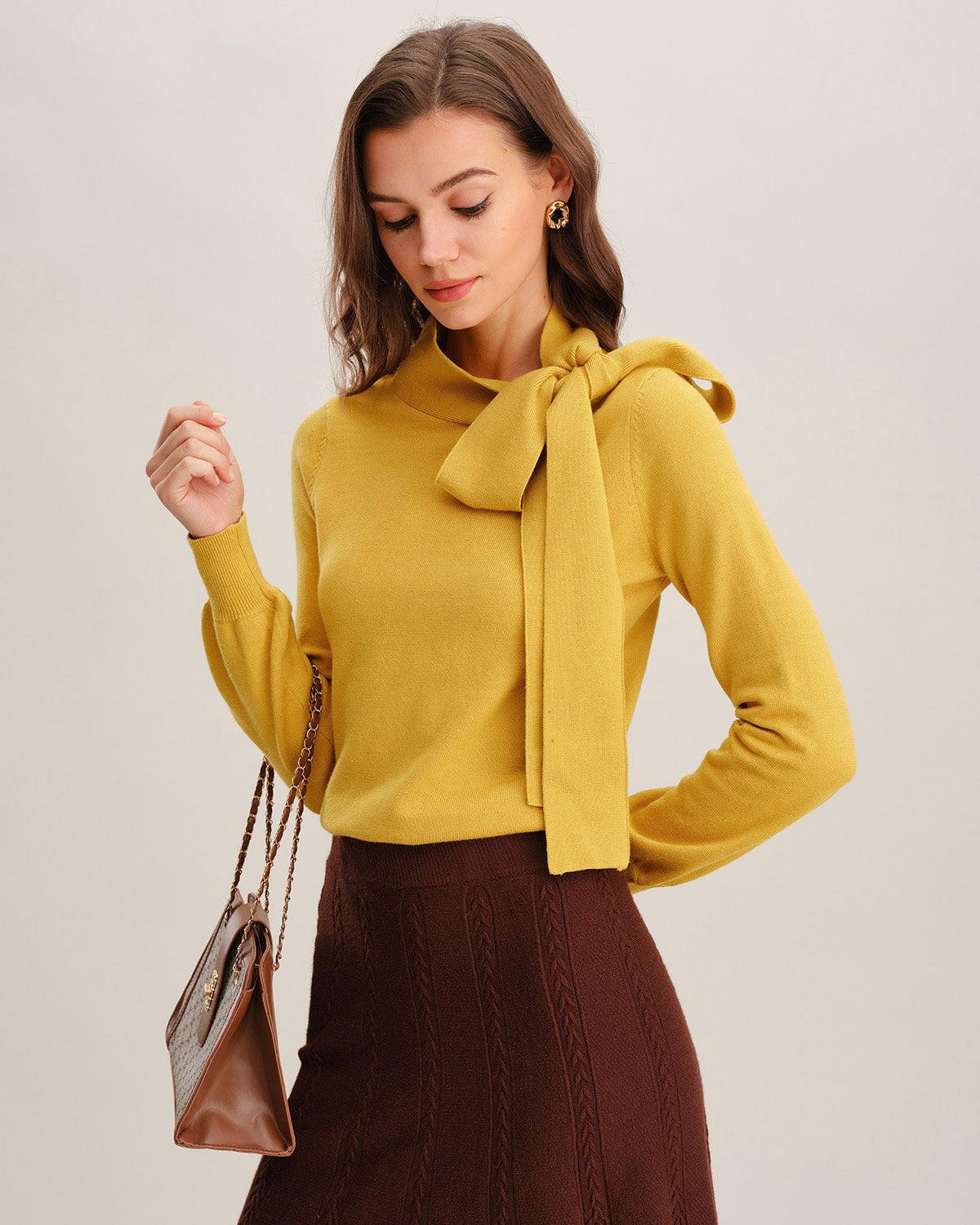 Yellow Tie Neck Slim Sweater