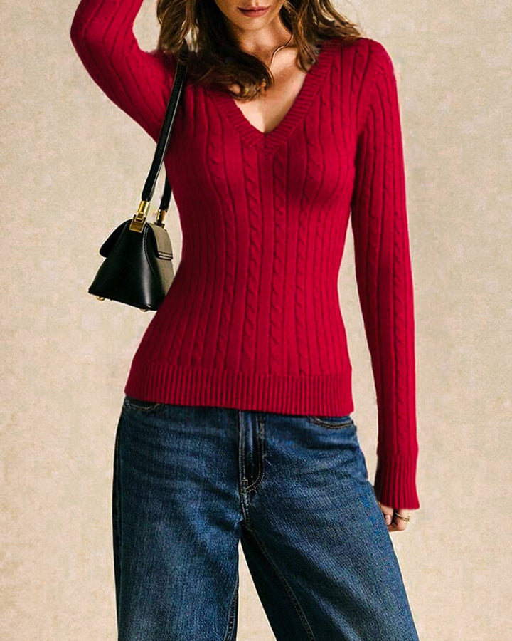 Red V Neck Slim Sweater