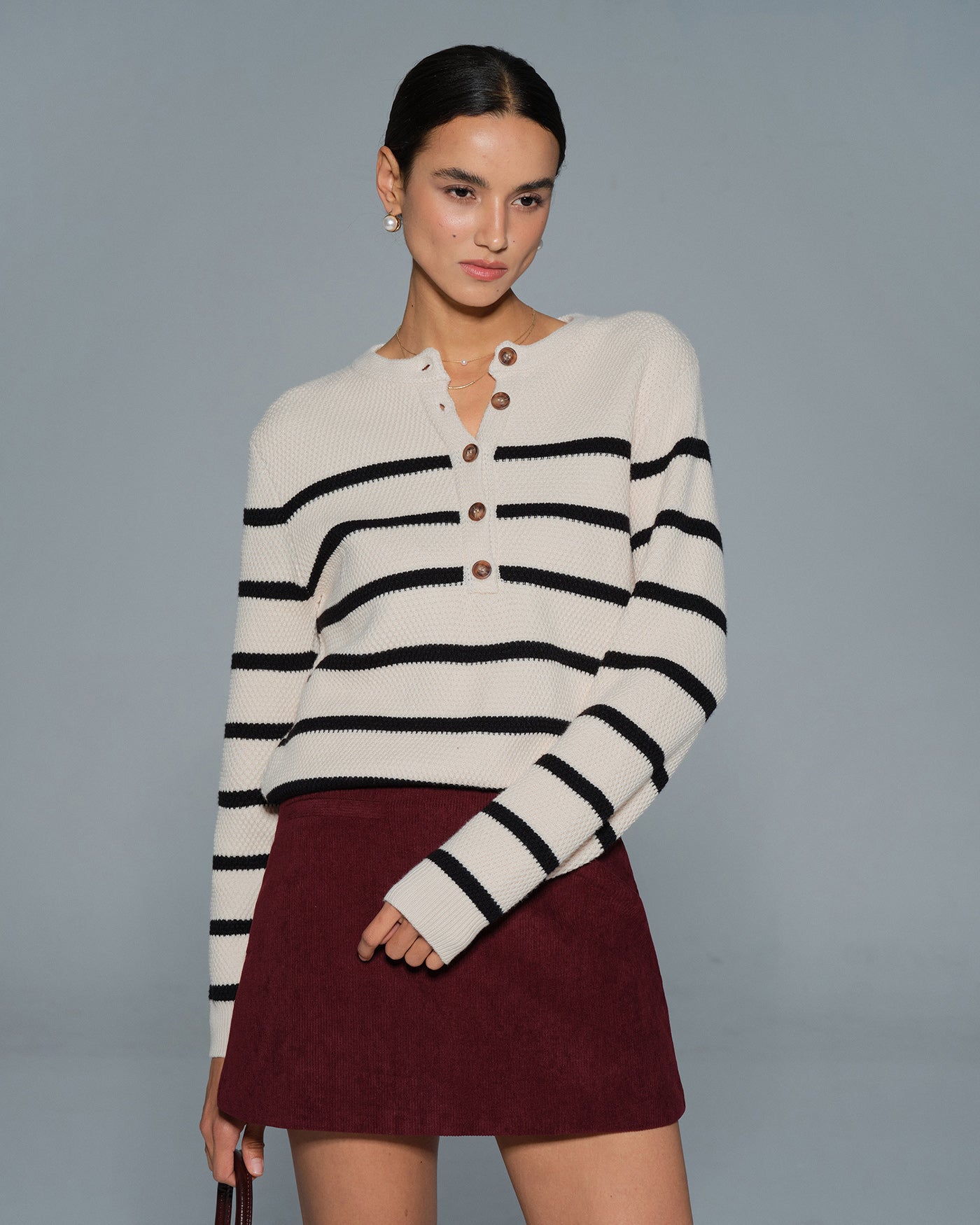 Apricot Striped Round Neck Cardigan