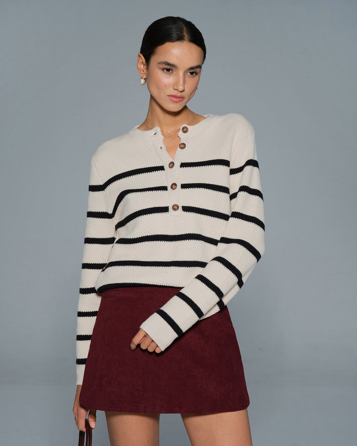 Apricot Striped Round Neck Cardigan