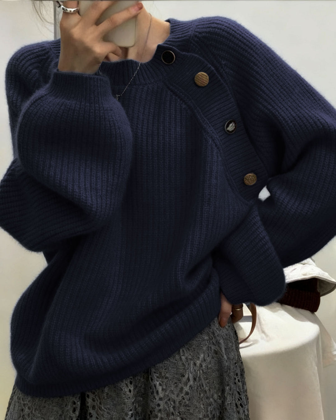 Blue Round Neck Loose Sweater