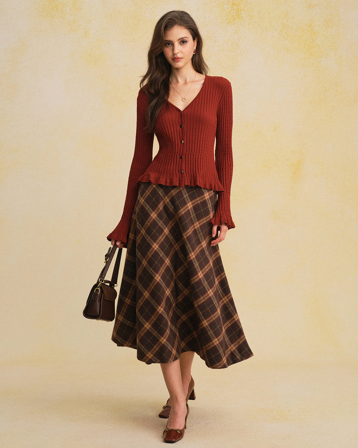 Brown V Neck Bell Sleeve Knit Cardigan